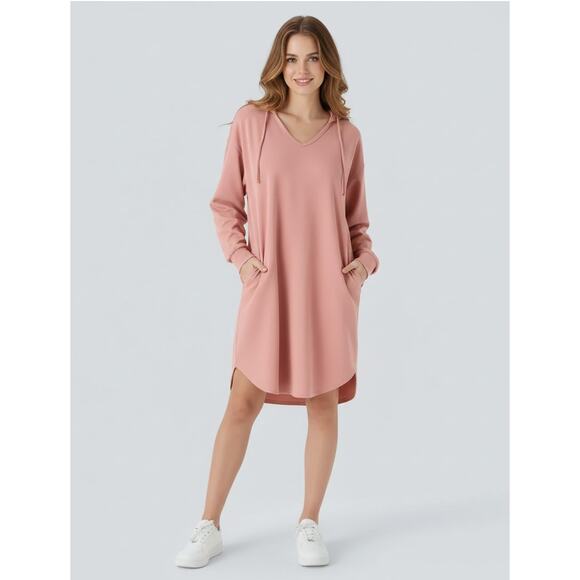 Halara Dress Large Rose Pink Hooded Sweatshirt V Neck Pocket Waffle Knit Casual - Picture 1 of 16